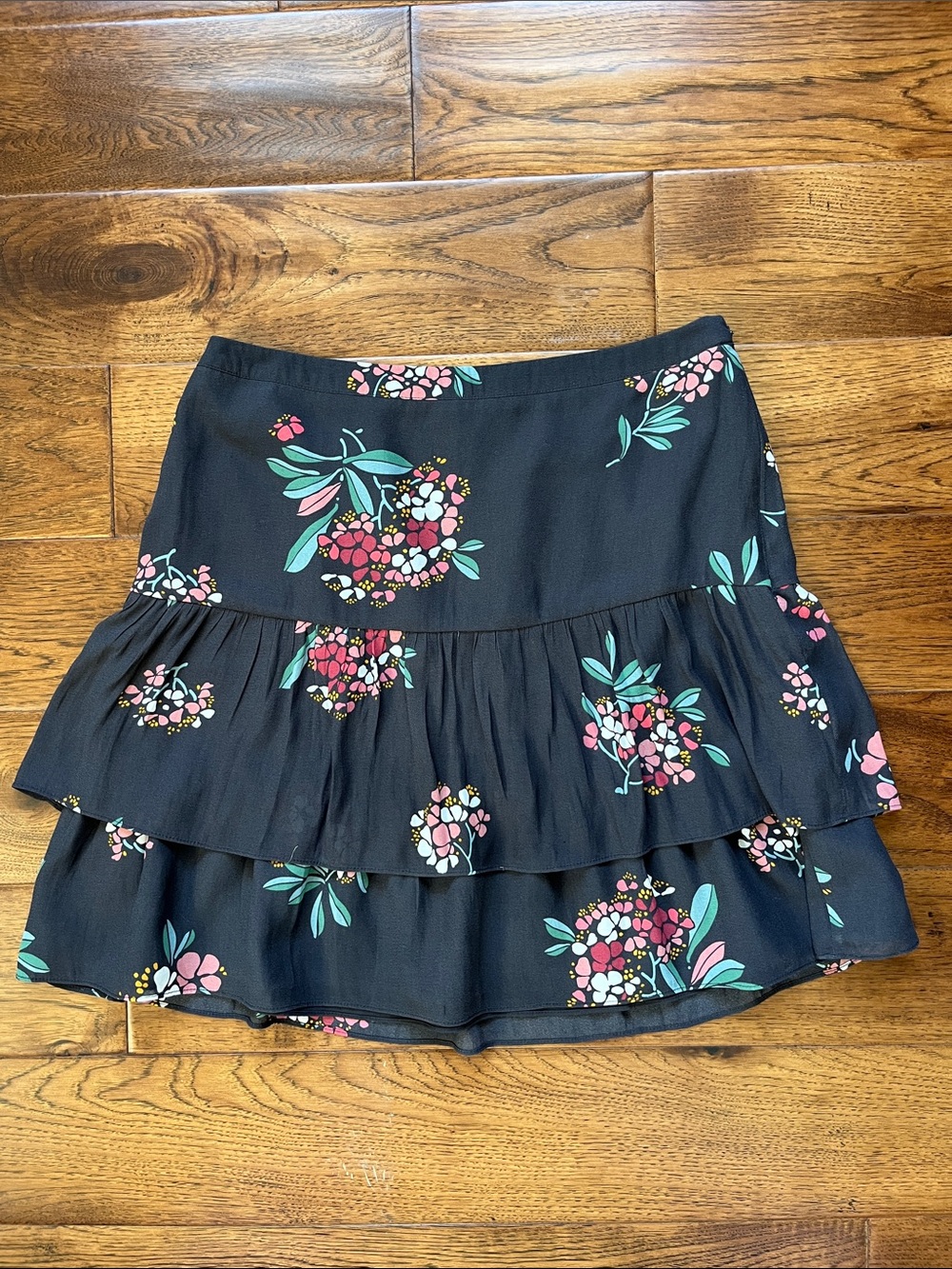 Left Floral Tiered Skirt in Charcoal/Pink, Size 6
